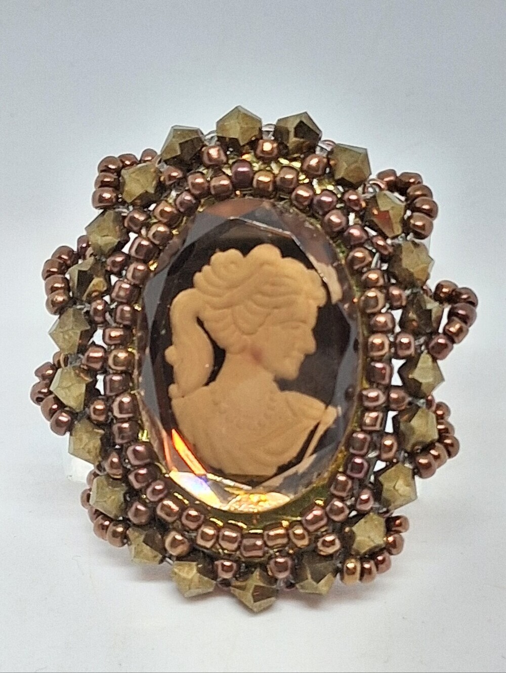 * Vintage Amber Glass Hand Beaded Lady Cameo Pin Brooch Unsigned
